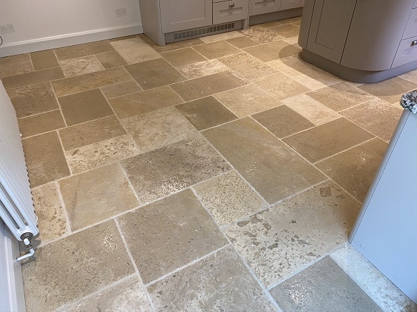 Limestone tiles and grout lines after cleaning